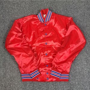 Vintage 70s West Wind Satin Bomber Jacket Bedford Bronco Pep Club Red Blue USA L